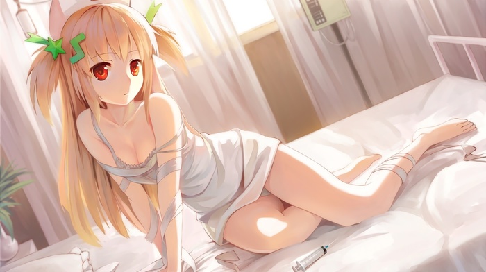 in bed, nurses, red eyes, anime girls, blonde, bed, original characters