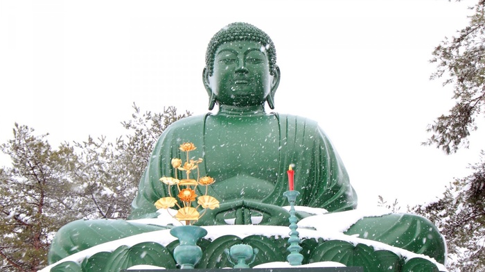 winter, Buddha, meditation, snow, religion, statue