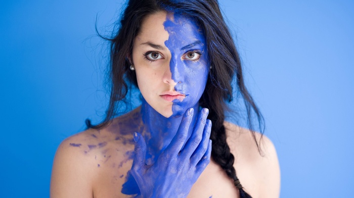 face, blue, model, body paint, portrait, girl
