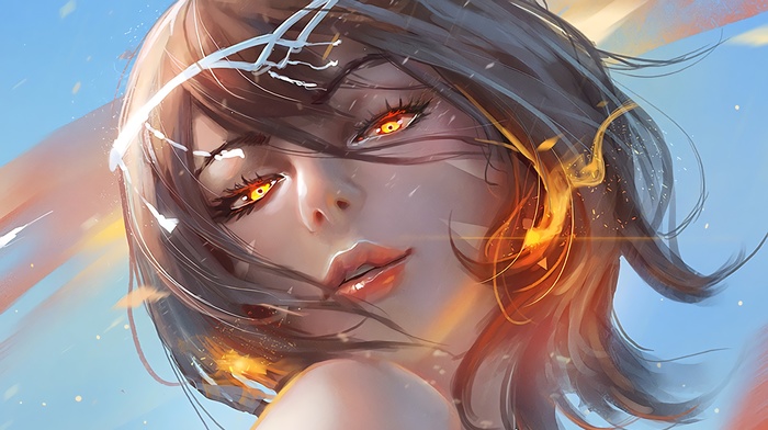 anime girls, fantasy art, original characters, fire, looking at viewer