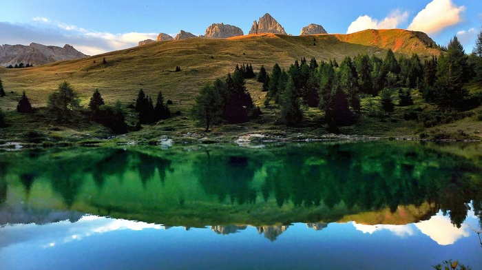 landscape, lake, Alps, reflection, calm, sunset, summer, nature, mountains, Italy, photography, trees