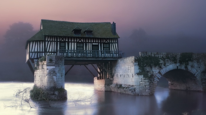 morning, landscape, cottage, photography, mist, nature, river, France, bridge, architecture, mill, sunlight