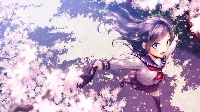 anime girls, school uniform, cherry blossom, original characters