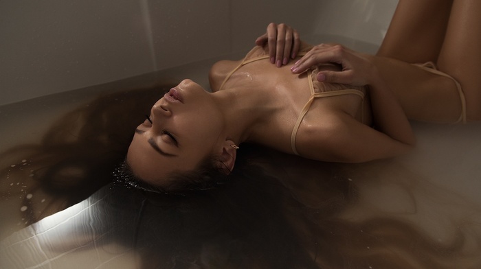 lying on back, wet hair, bathtub, girl, holding boobs, closed eyes, wet body, brunette, tanned, wet, juicy lips, strategic covering, bikini