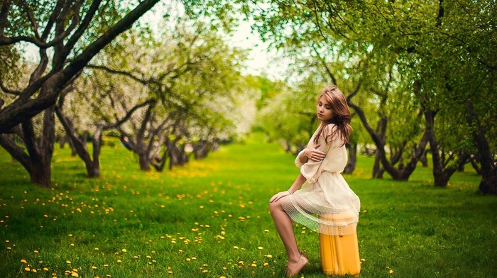 girl outdoors, trees, model, girl, suitcase