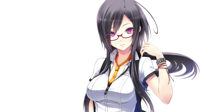 schoolgirl uniform, red glasses, tie, anime girls, grey hair, white background, anime, uniform, long hair, white shirt, schoolgirl, shirt, pink eyes, glasses