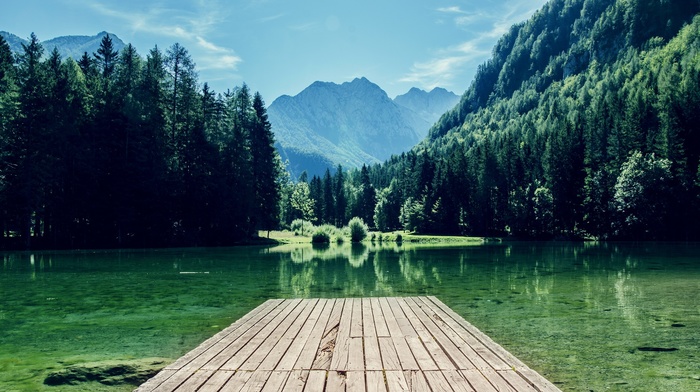 mountains, lake, nature, forest, dock