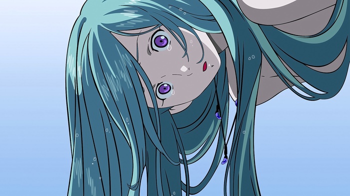 Eureka character, open mouth, anime girls, crying, long hair, Eureka Seven, anime, aqua hair, purple eyes