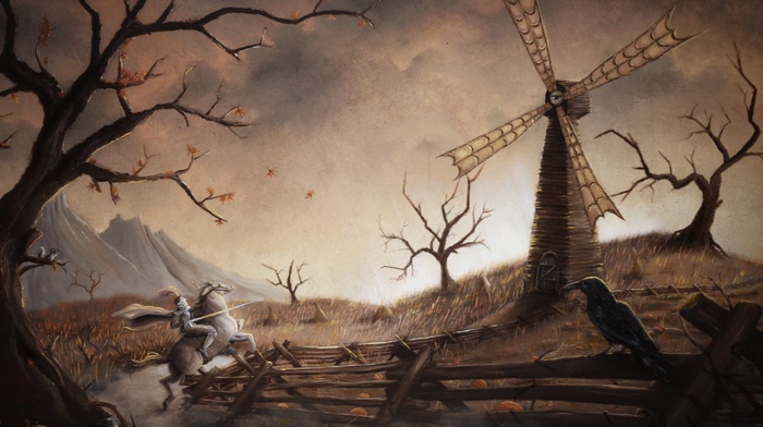 Don Quijote, knight, fantasy art, artwork, windmill