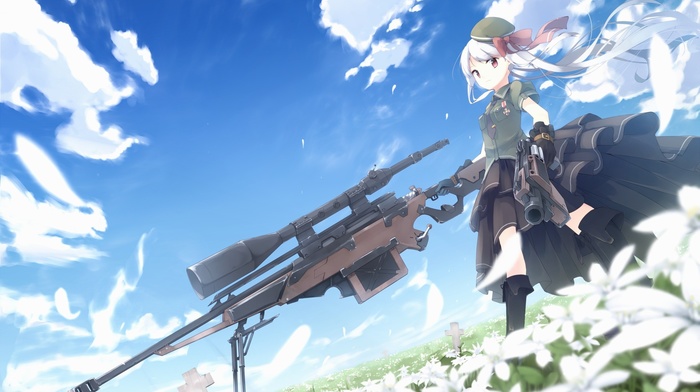 sniper rifle, anime, original characters, flowers, weapon, anime girls