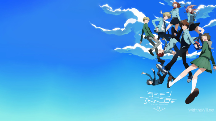 jumping, sky, clouds, anime, Digimon Tri, Digimon, landscape