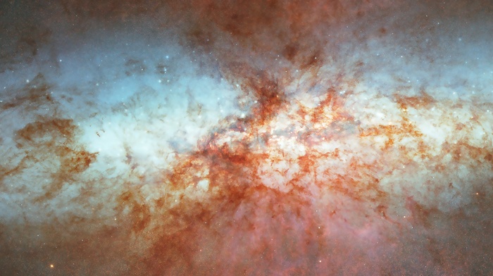 galaxy, triple screen, nebula, stars, suns, Hubble Deep Field, multiple display, lights, space, ESA, Messier 82