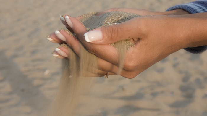 sand, hands, girl