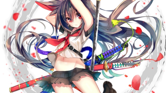 anime, animal ears, weapon, katana, anime girls, long hair, sword