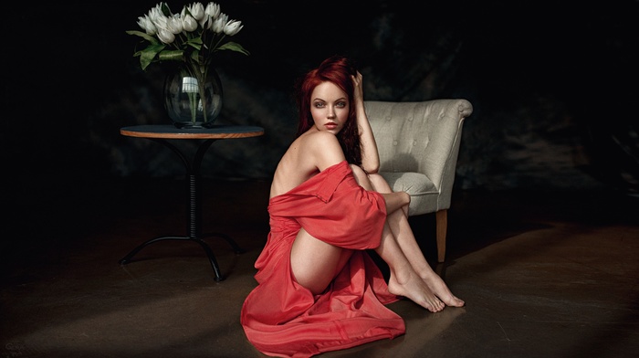 feet, sitting, model, holding knees, Georgy Chernyadyev, girl, dress, redhead, side view, pale, back