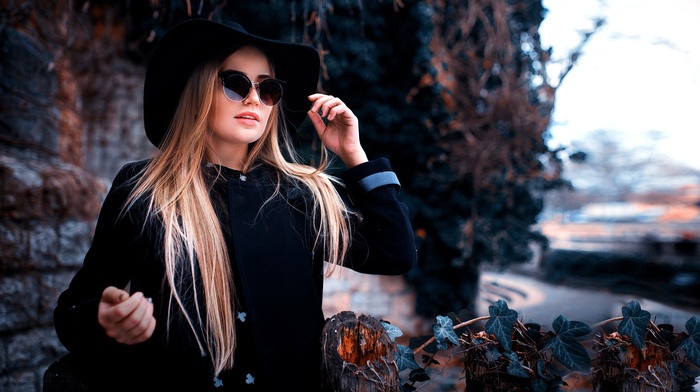 girl outdoors, sunglasses, black clothing, hat, blonde, Peter Paszternak, girl, portrait