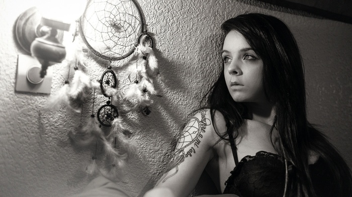 girl, Arya Laurent, monochrome, tattoo, model