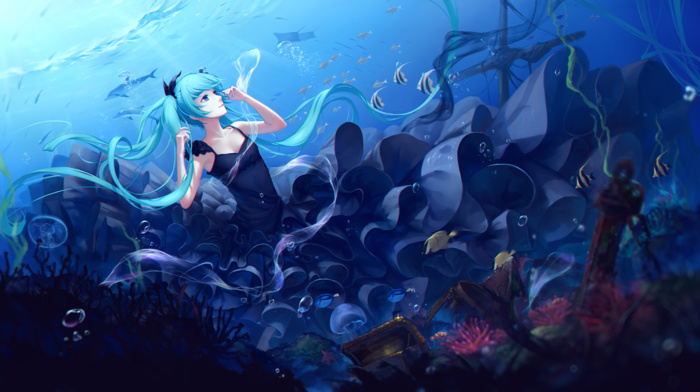 dolphin, fish, twintails, underwater, dress, Hatsune Miku, sea, Vocaloid, Stingray, anime, anime girls, bubbles, long hair