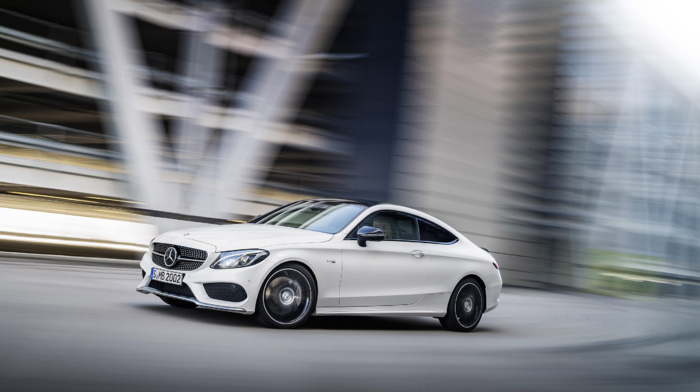 white cars, Mercedes, Benz C43 AMG, motion blur, car, street, vehicle