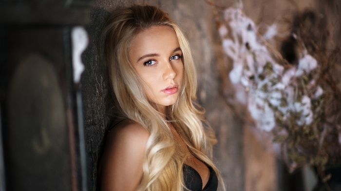 black bras, Maxim Maximov, model, portrait, girl, blonde, Maria Popova