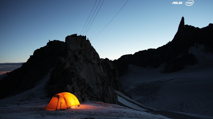 tent, snow, night, Intel, electricity cable