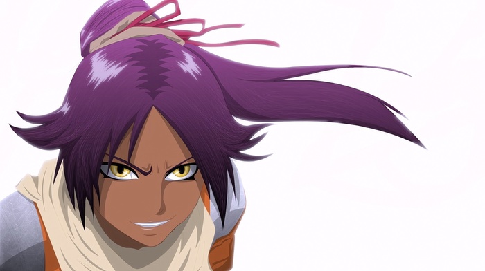 anime girls, looking at viewer, violet hair, smiling, anime, Bleach, Shihouin Yoruichi, yellow eyes, white background