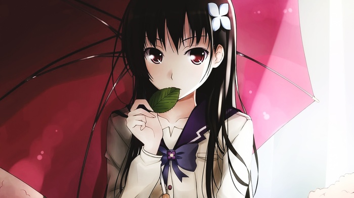 anime girls, anime, leaves, hair ornament, simple background, Sankarea, umbrella, Sanka Rea, black hair