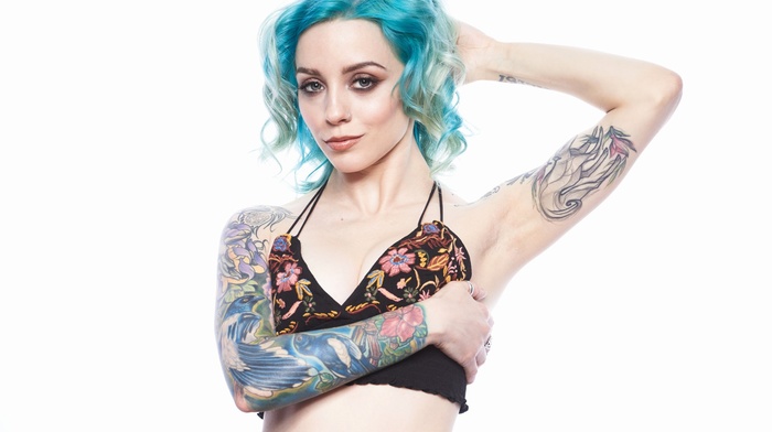 armpits, white background, hands on head, girl, portrait, simple background, tattoo, dyed hair