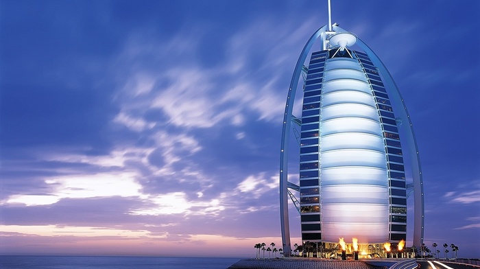 Islamic architecture, Burj Al Arab, hotel, building, cityscape, lights, city, sea, urban, architecture, clouds, blue, Dubai