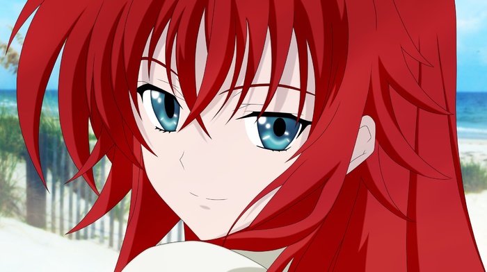 sky, looking at viewer, long hair, water, Gremory Rias, smiling, anime girls, clouds, beach, redhead, readhead, anime, blue eyes, Highschool DxD