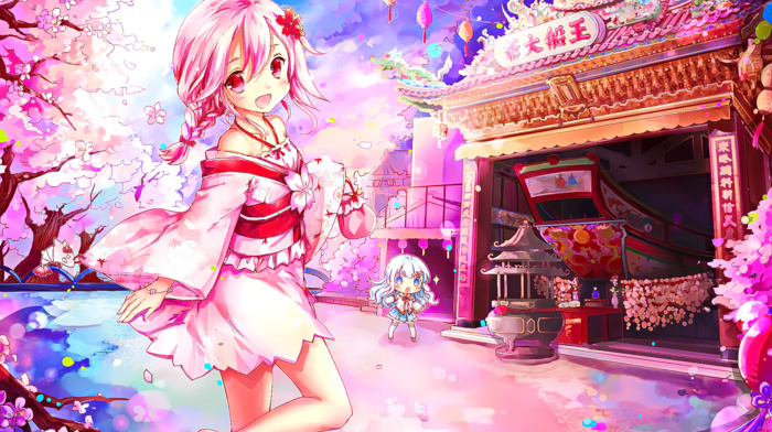pink eyes, cherry blossom, anime, pink hair, Xuan Ying, Japanese clothes, open mouth, smiling, looking at viewer, anime girls