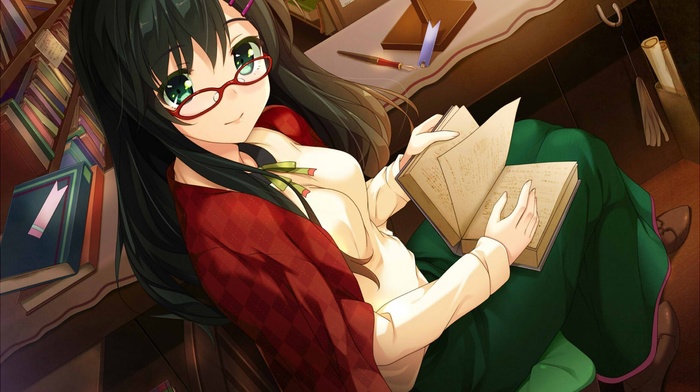 anime girls, smiling, green eyes, long hair, books, brunette, anime, glasses