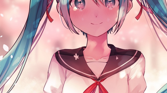 Hatsune Miku, Vocaloid, anime, flower petals, ribbon, long hair, twintails, anime girls, smiling, school uniform, cherry trees, looking at viewer