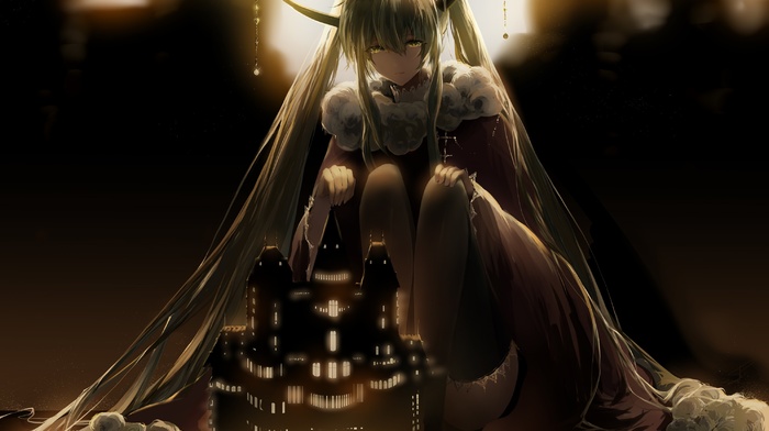 crown, dress, Vocaloid, jewelry, thigh, highs, anime, twintails, anime girls, Hatsune Miku, sitting, horns, long hair, castle