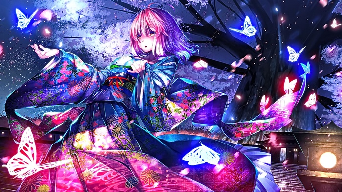 Saigyouji Yuyuko, touhou, anime girls, open mouth, cherry blossom, Japanese clothes, looking away, pink hair, kimono, butterfly, long hair, trees, stairs, anime, orange eyes