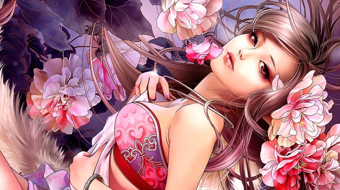 looking at viewer, anime, flowers, anime girls, long hair, brunette, red eyes
