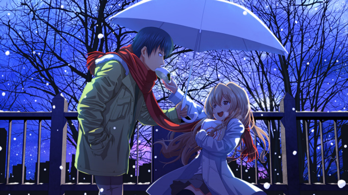 umbrella, anime boys, snow, anime, anime girls, Aisaka Taiga, Ryuuji Takasu, Toradora