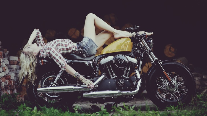 tight shorts, girl with motorcycles, lying on back, girl, model, motorcycle, barefoot