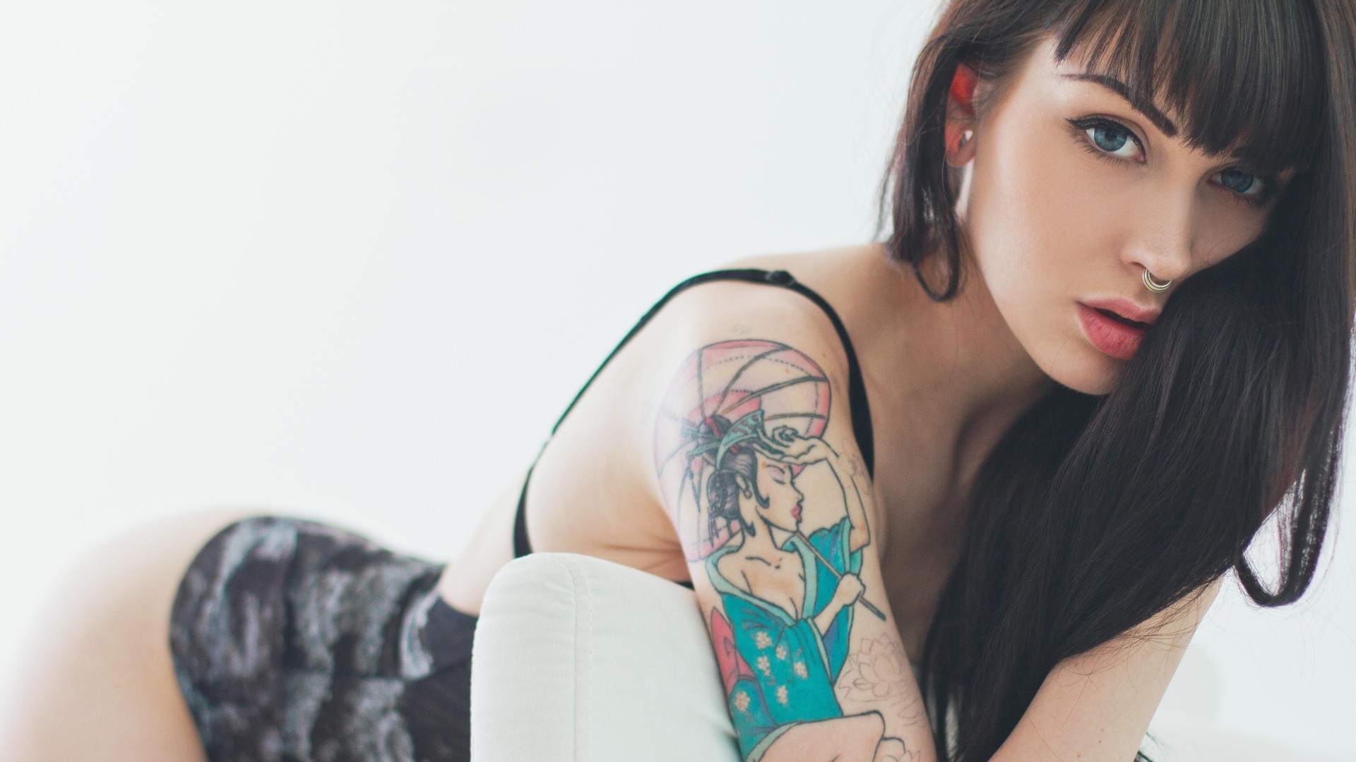 Wallpaper tattoo, brunette, black lingerie, girl, black hair, Arwen Suicide.