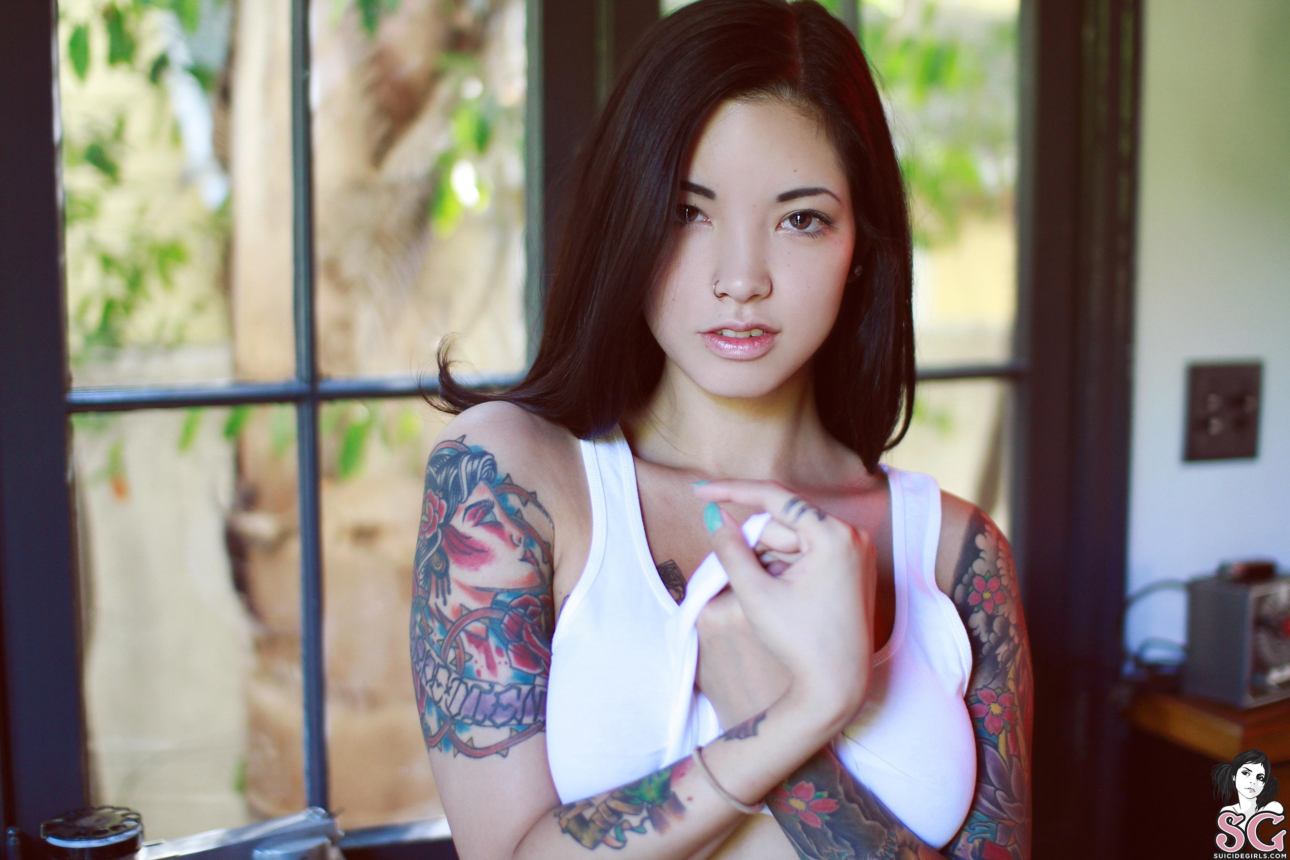 Wallpaper piercing, tattoo, Myca Suicide, girl, model, face.