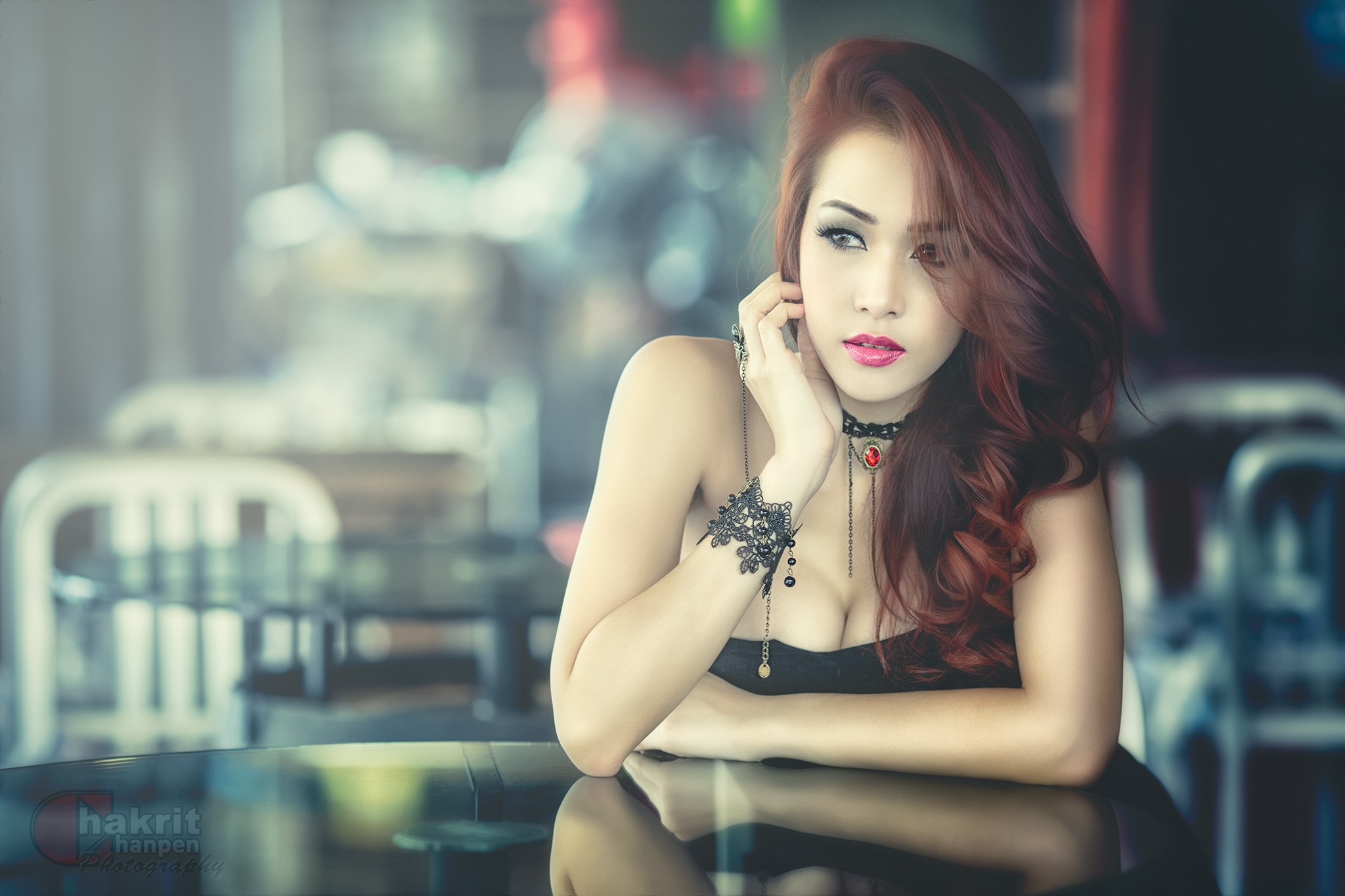 Wallpaper girl, Asian, model, redhead, cleavage.
