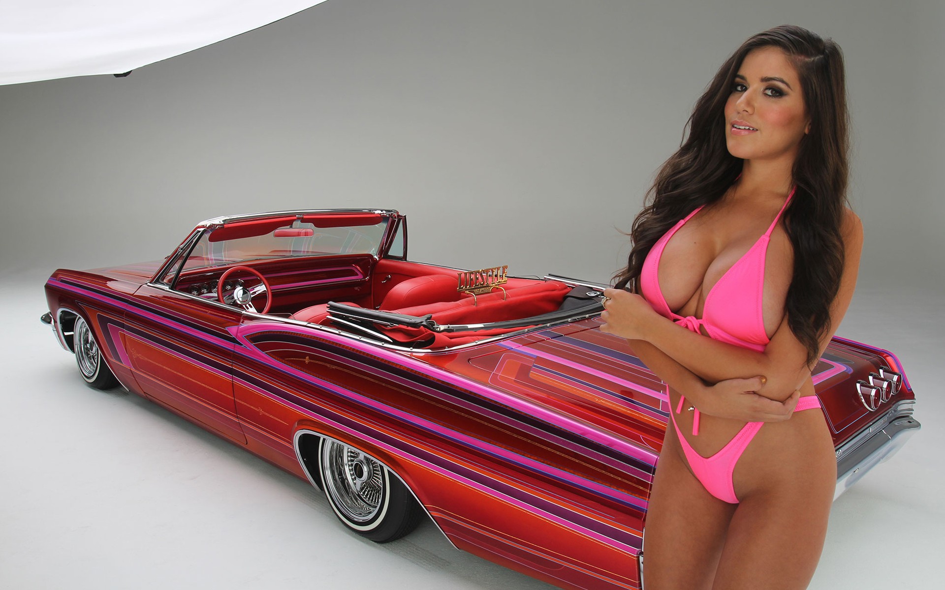 Wallpaper Chevrolet Impala Convertible, natural boobs, bikini, brunette, mo...