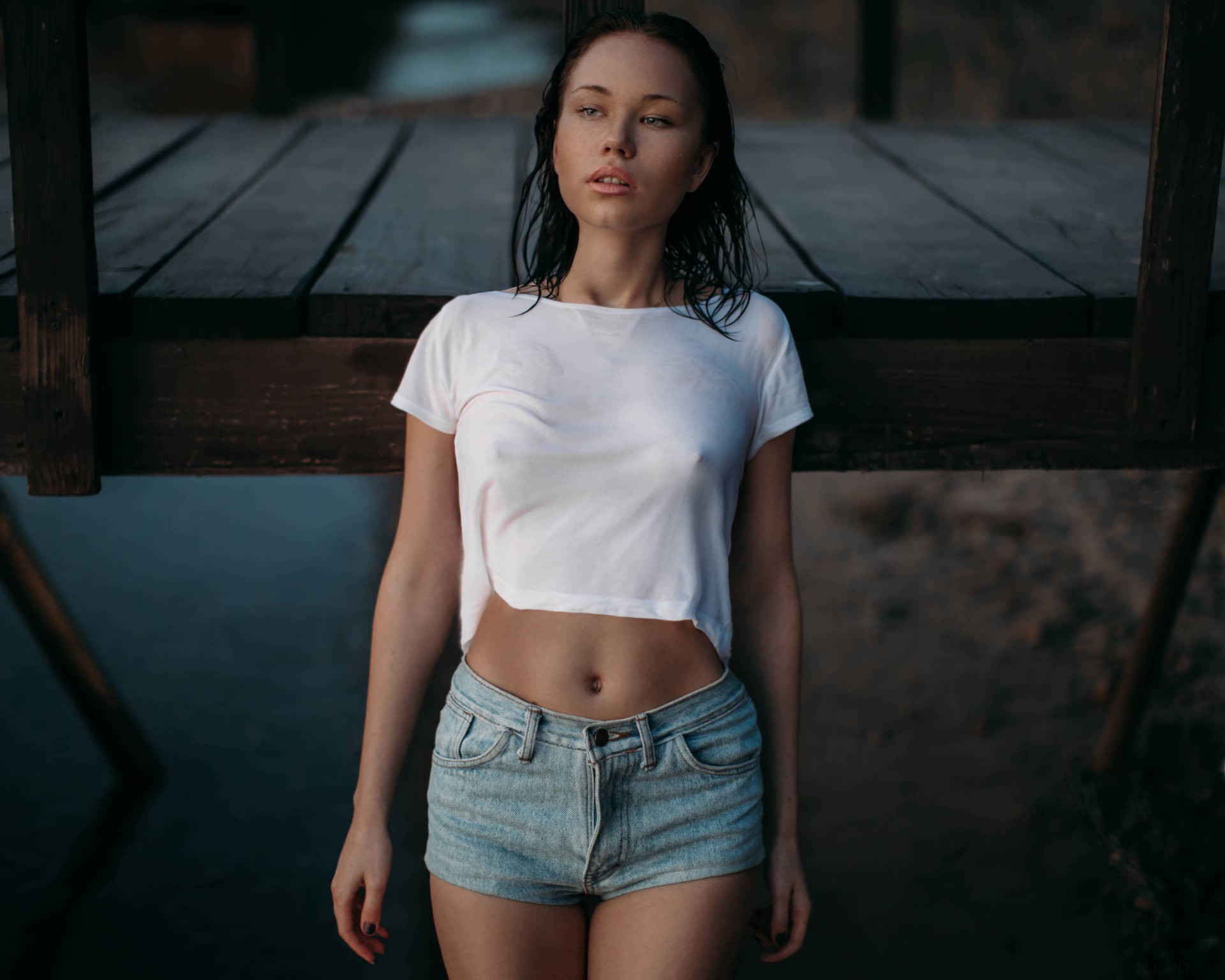 Girl Portrait Wet Body Jean Shorts Boobs Skinny