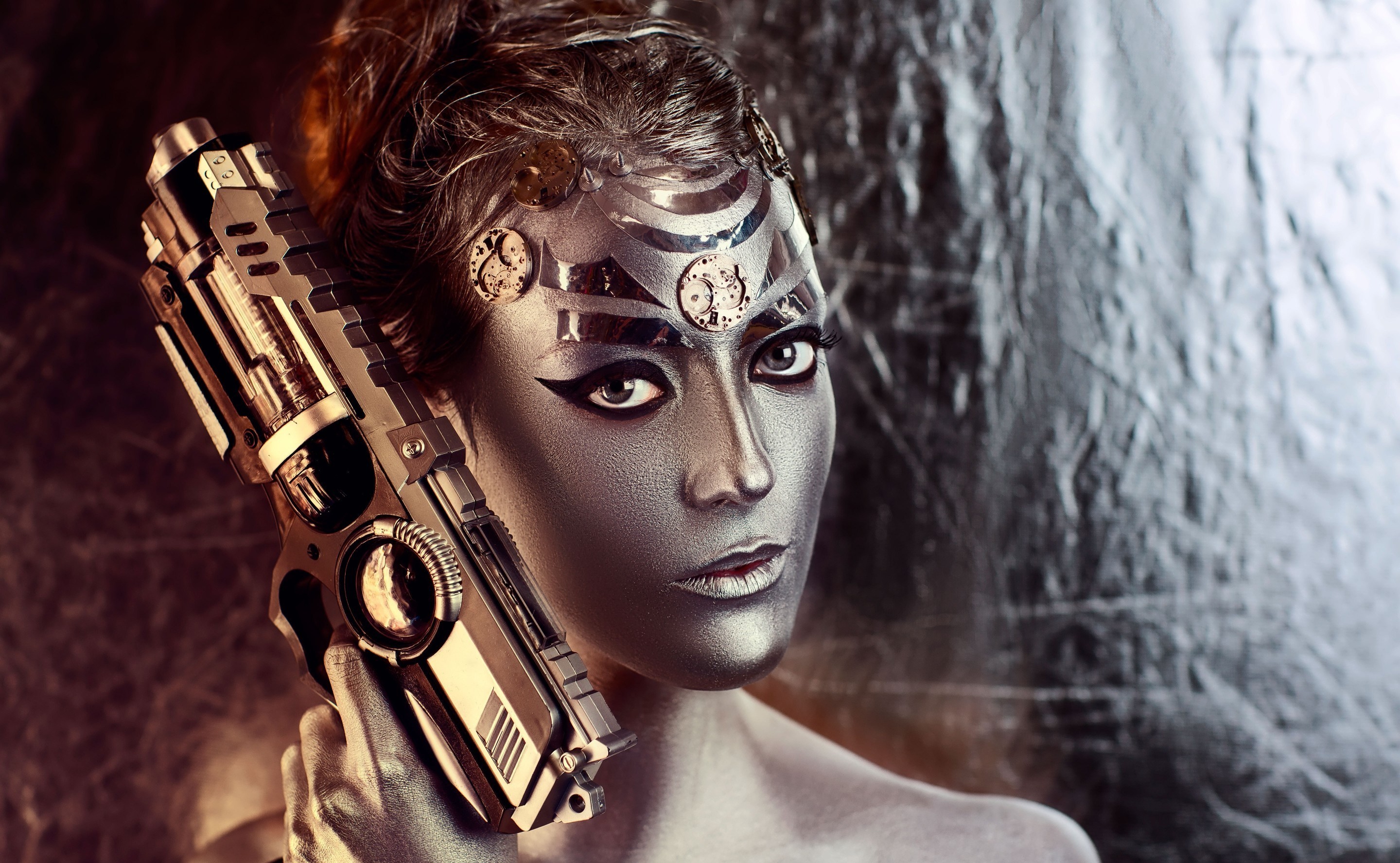 fantasy art, gun, model, girl, body paint, silver - wallpaper