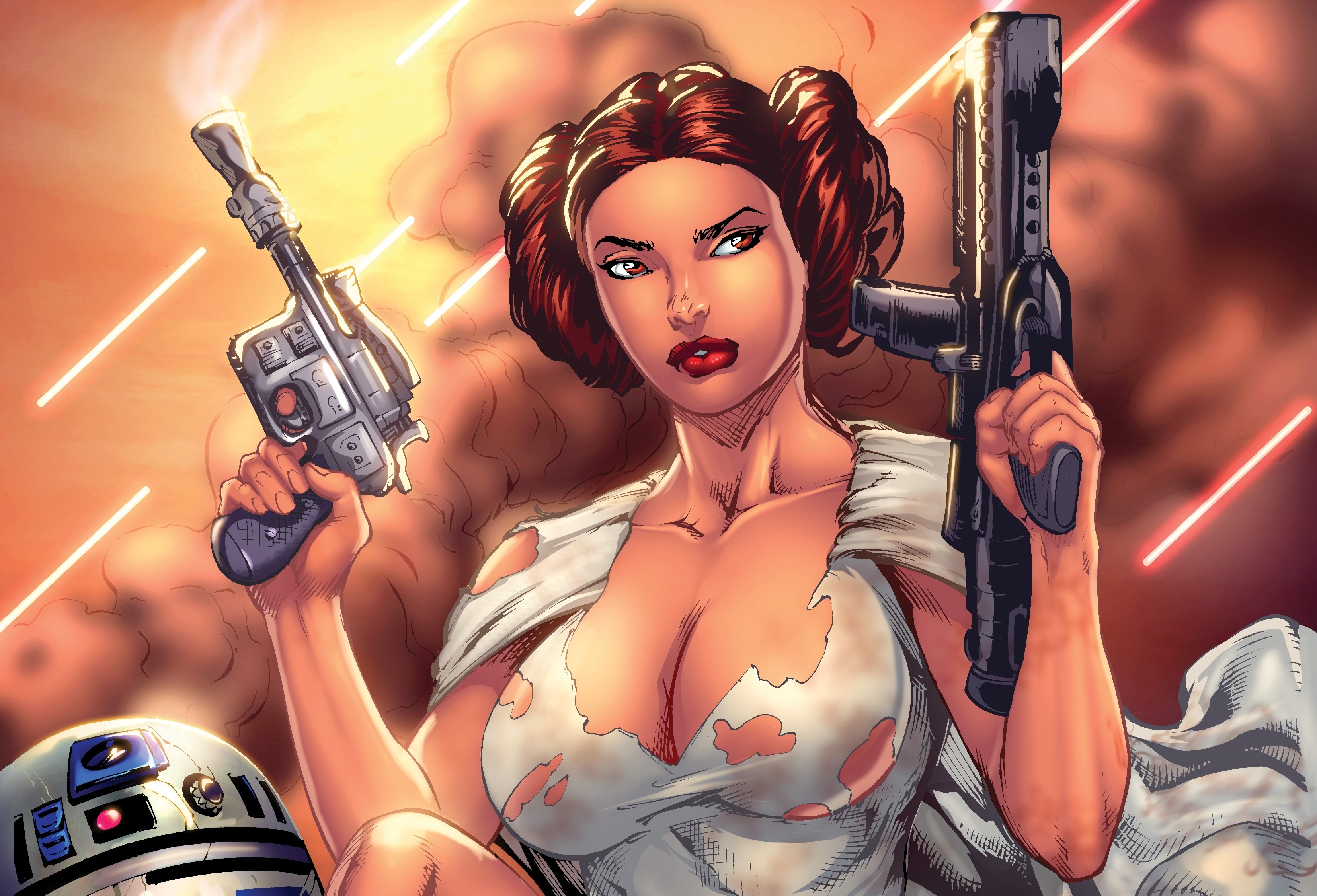Wallpaper Princess Leia, blaster, big boobs, science fiction, R2, D2.
