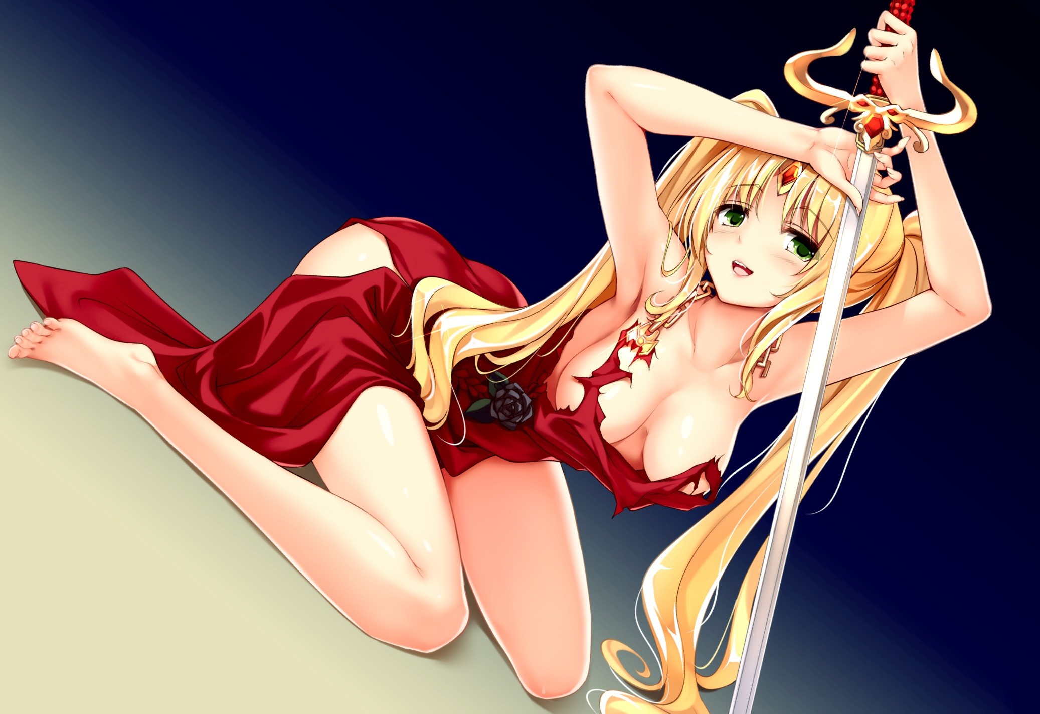 Wallpaper anime girls, sword, torn clothes, anime, blonde, twintails.