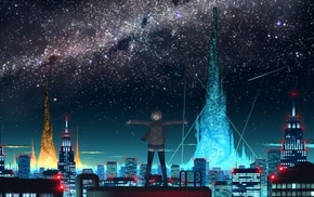sky, night, city, anime, lights