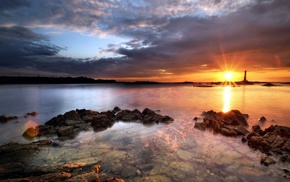 nature, sea, sunset, landscape, sky, rock