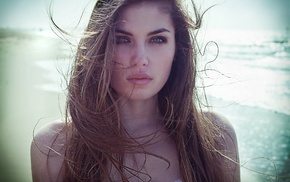 model, girl, girl outdoors, green eyes, sea, face