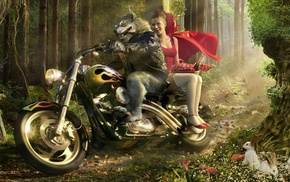 forest, motorcycle, creative, wolf